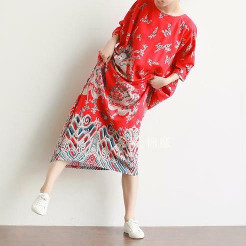 Modern prints linen summer quilting dresses Shape red Dress - Omychic