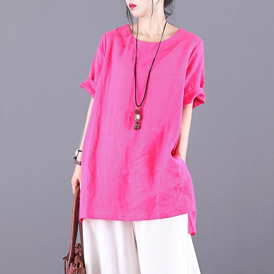 Modern rose linen top o neck asymmetric daily summer blouse - Omychic