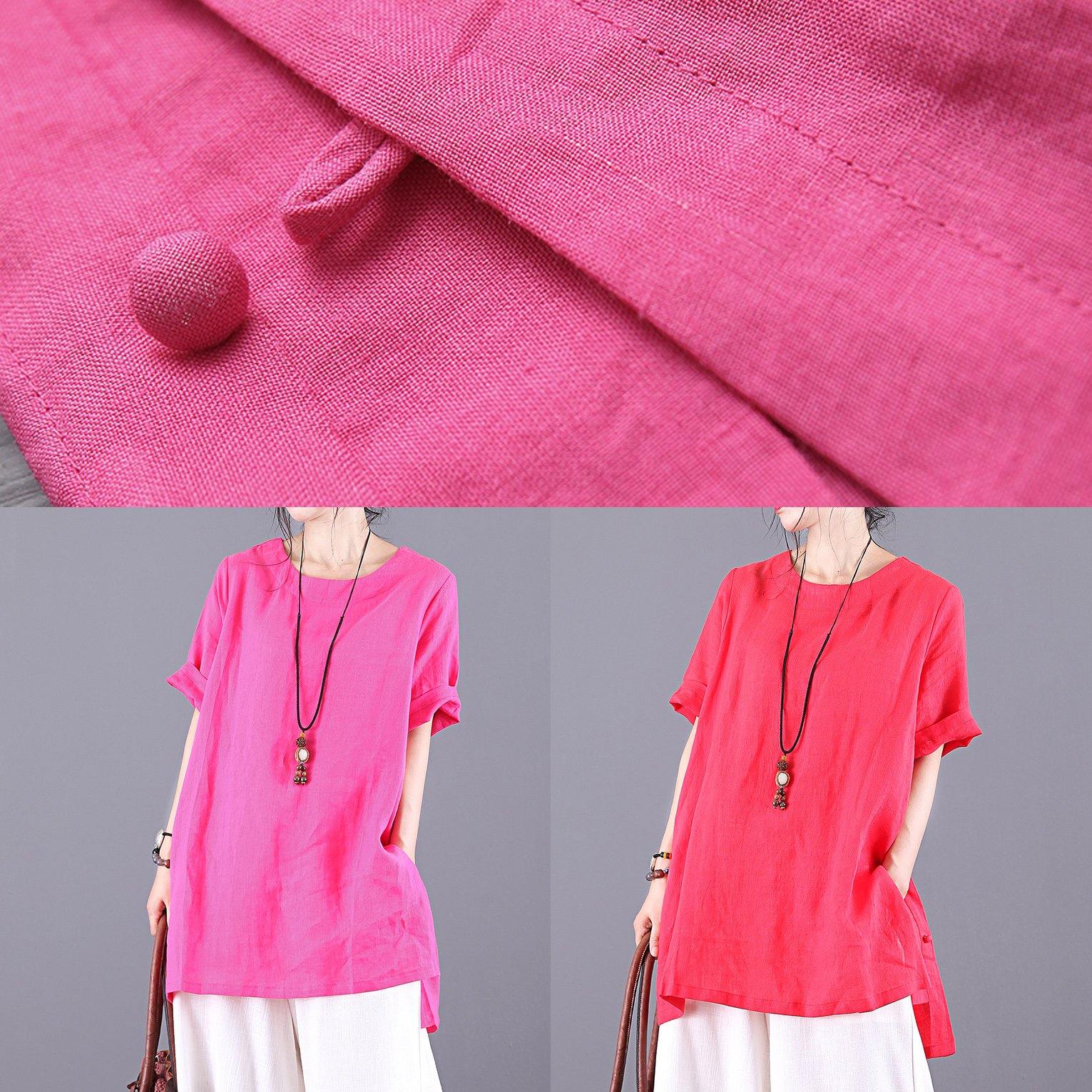 Modern rose linen top o neck asymmetric daily summer blouse - Omychic