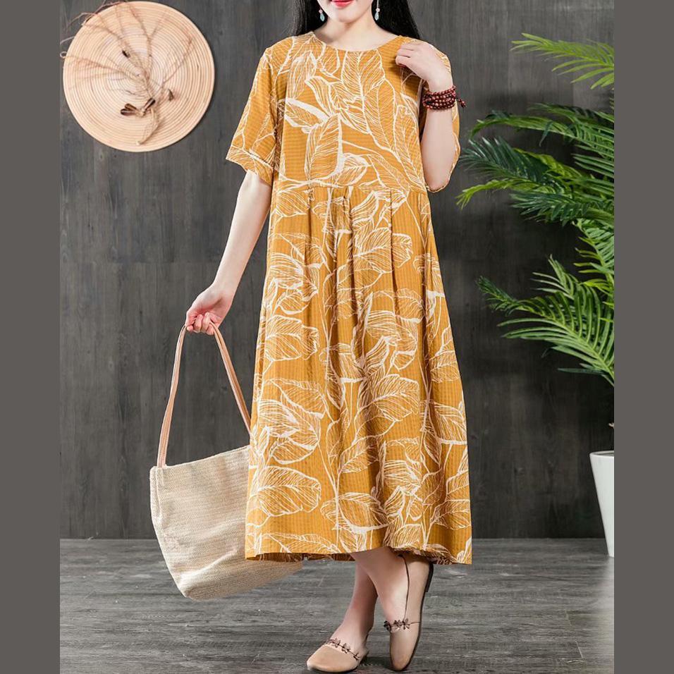 Modern short sleeve Cotton tunic pattern Photography yellow floral Dresses patchwork summer - Omychic