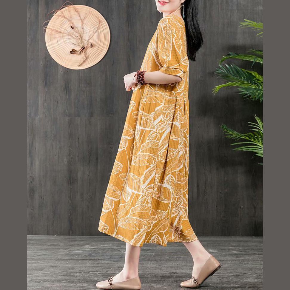 Modern short sleeve Cotton tunic pattern Photography yellow floral Dresses patchwork summer - Omychic