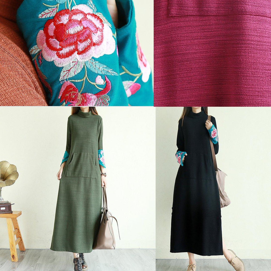 Modern side open cotton embroidery sleeve dresses Neckline green Maxi Dresses - Omychic