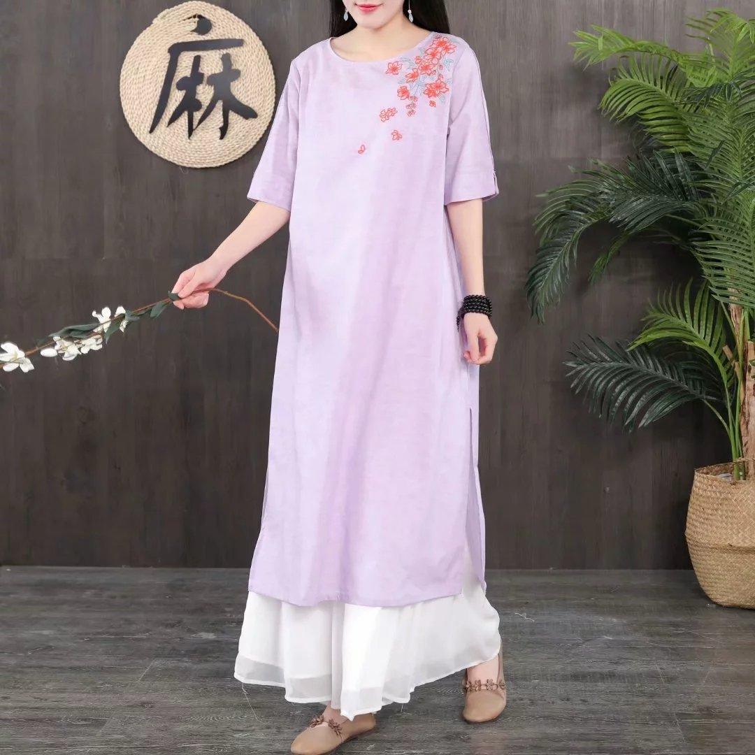 Modern side open cotton linen outfit Wardrobes light purple Dress summer - Omychic
