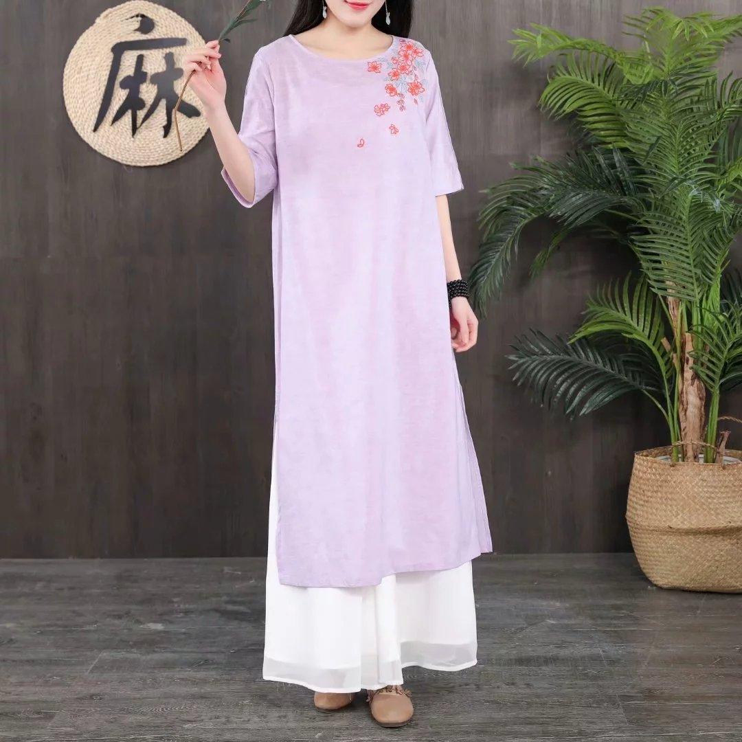 Modern side open cotton linen outfit Wardrobes light purple Dress summer - Omychic