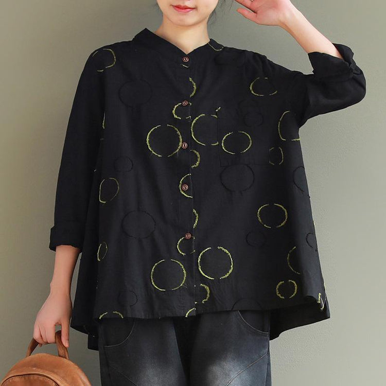 Modern stand collar Button Down linen shirts women Vintage Gifts black dotted loose shirt - Omychic
