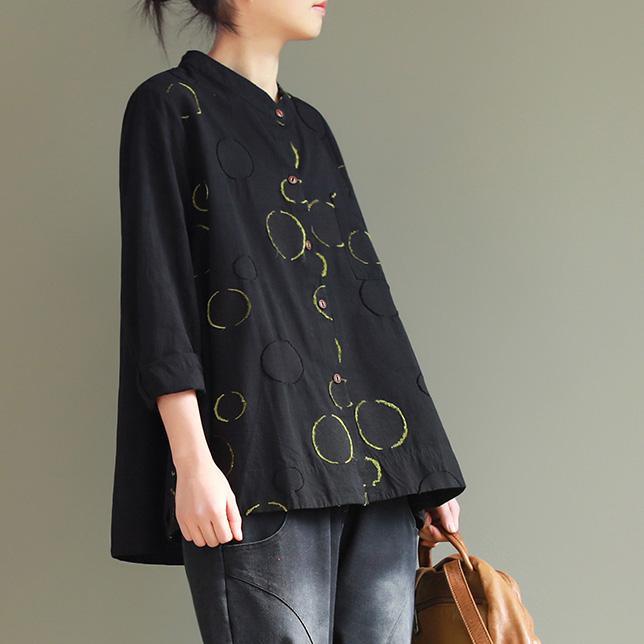 Modern stand collar Button Down linen shirts women Vintage Gifts black dotted loose shirt - Omychic