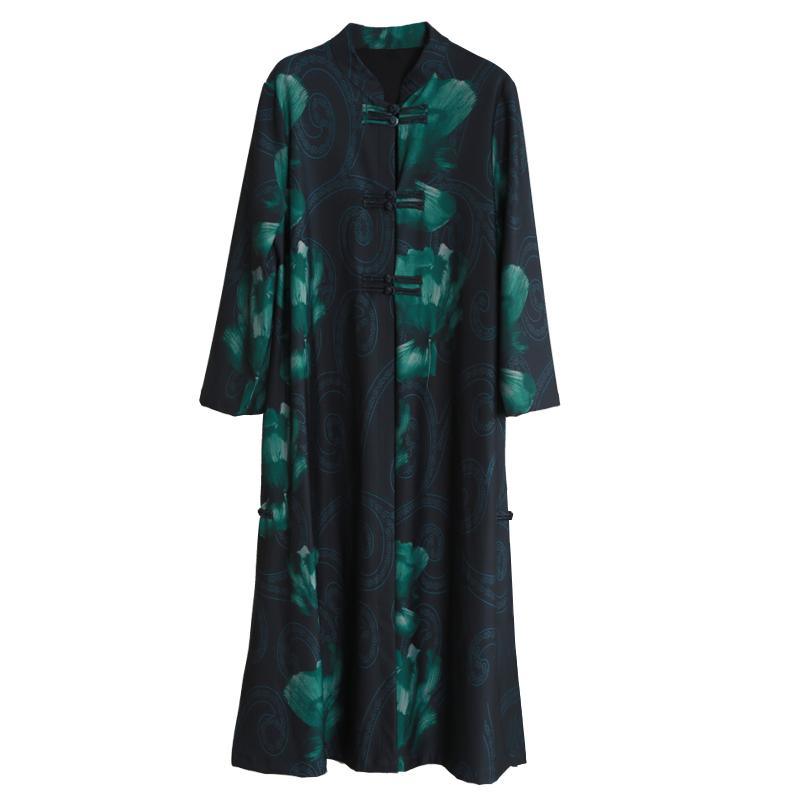Modern stand collar Chinese Button top quality clothes blackish green print baggy coats fall - Omychic