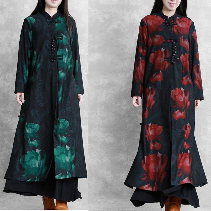 Modern stand collar Chinese Button top quality clothes blackish green print baggy coats fall - Omychic