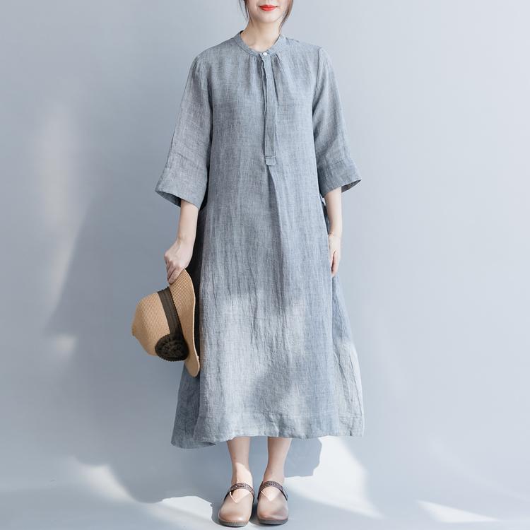 Modern stand collar Three Quarter sleeve linen clothes For Women top quality design blue Maxi Dresses spring - Omychic