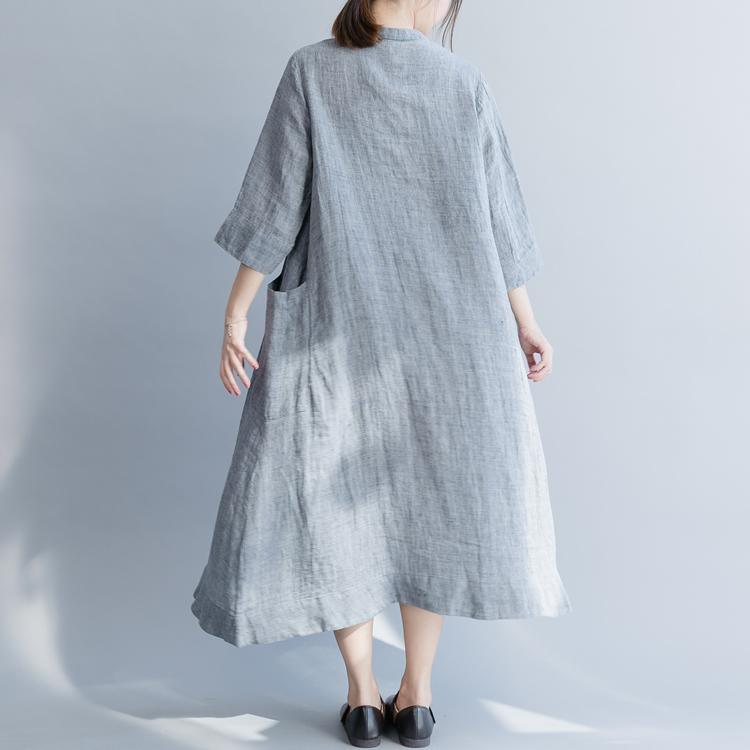 Modern stand collar Three Quarter sleeve linen clothes For Women top quality design blue Maxi Dresses spring - Omychic