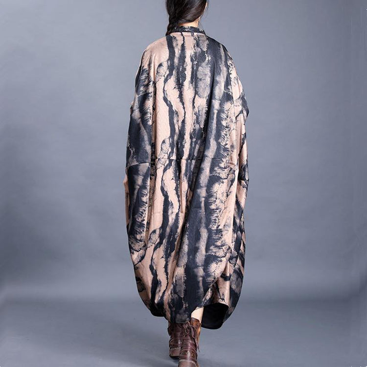 Modern stand collar asymmetric tunic pattern Tutorials black print long Dress - Omychic