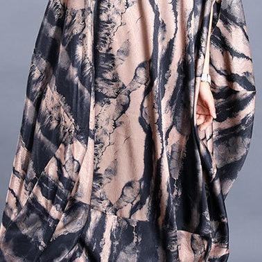 Modern stand collar asymmetric tunic pattern Tutorials black print long Dress - Omychic