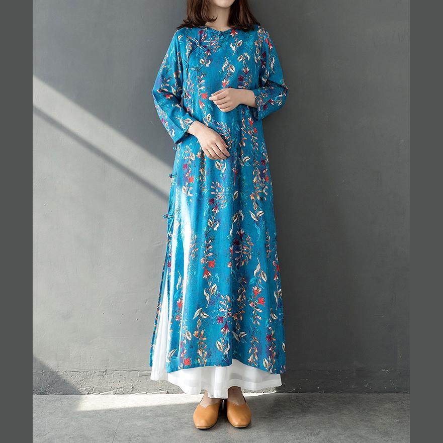 Modern stand collar cotton linen dress Runway blue print Dresses summer - Omychic