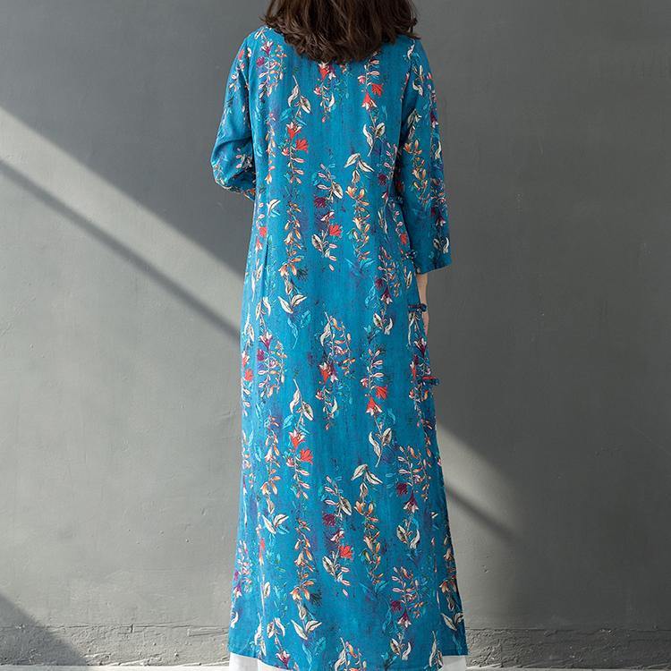 Modern stand collar cotton linen dress Runway blue print Dresses summer - Omychic