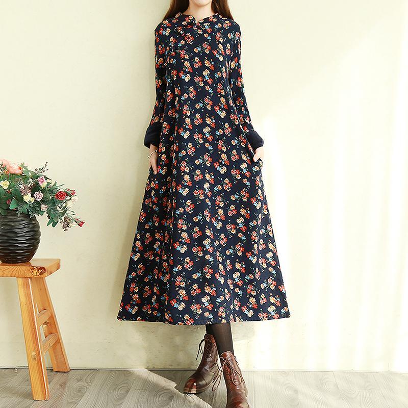 Modern stand collar cotton long sleeve tunic dress Work Outfits navy floral Maxi Dresses - Omychic