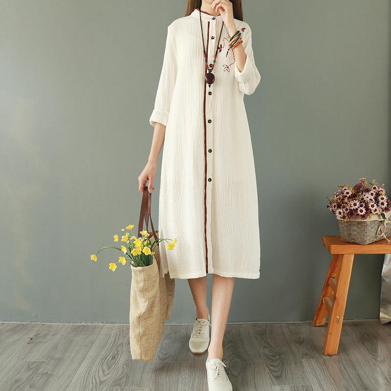 Modern stand collar embroidery linen cotton clothes Women Organic Sleeve white Midi shirt Dress - Omychic