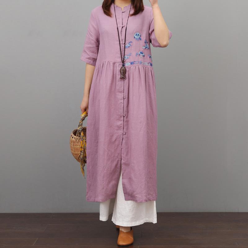 Modern stand collar linen clothes For Women Work Outfits purple Dresses summer - Omychic