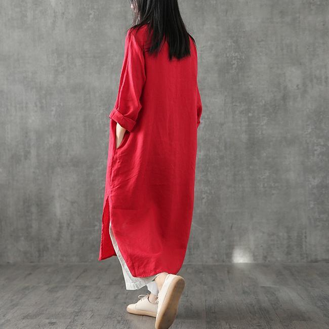 Modern stand collar patchwork linen Robes Shape red embroidery Dresses - Omychic