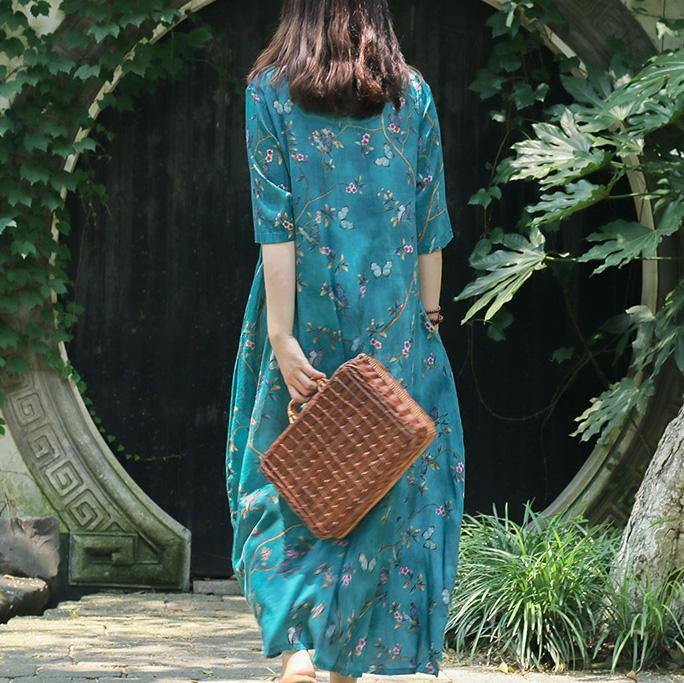 Modern stand collar pockets silk linen clothes For Women Organic Catwalk blue print Maxi Dress Summer - Omychic
