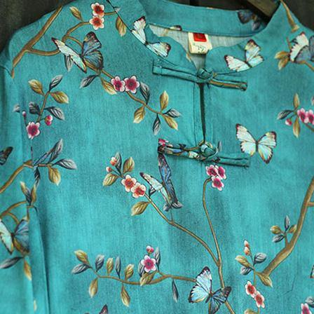 Modern stand collar pockets silk linen clothes For Women Organic Catwalk blue print Maxi Dress Summer - Omychic