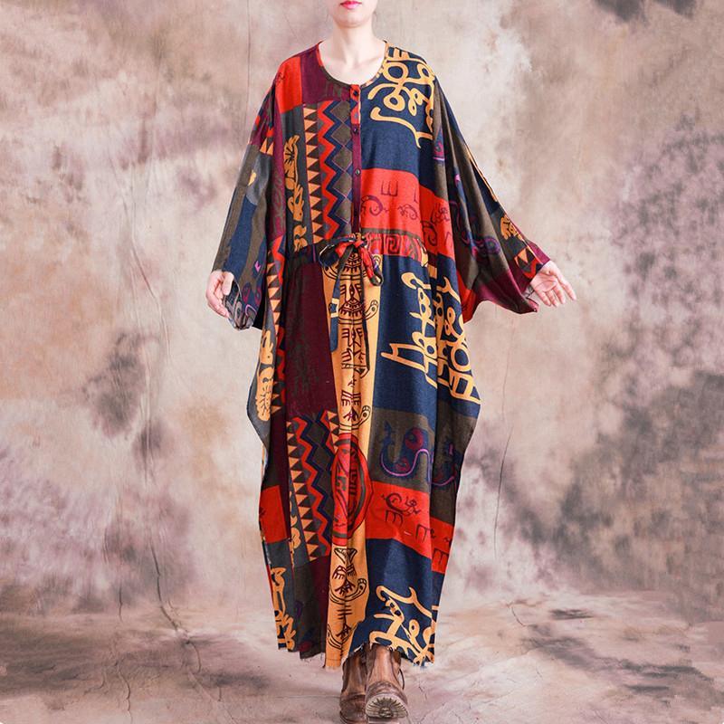 Modern tie waist cotton linen long sleeve clothes For Women Inspiration patchwork Dresses - Omychic
