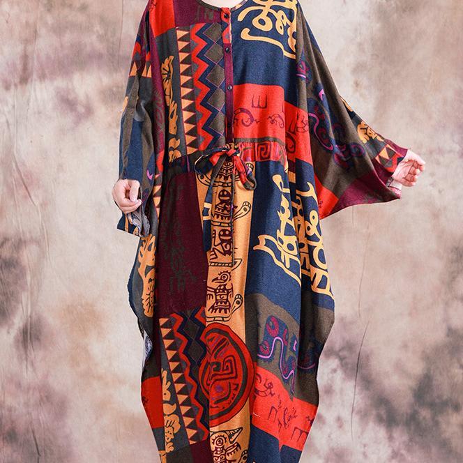 Modern tie waist cotton linen long sleeve clothes For Women Inspiration patchwork Dresses - Omychic