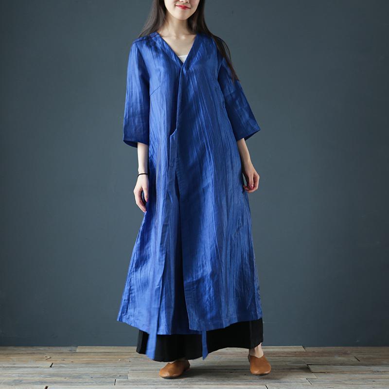 Modern tie waist linen clothes For Women Cotton blue Dresses summer - Omychic