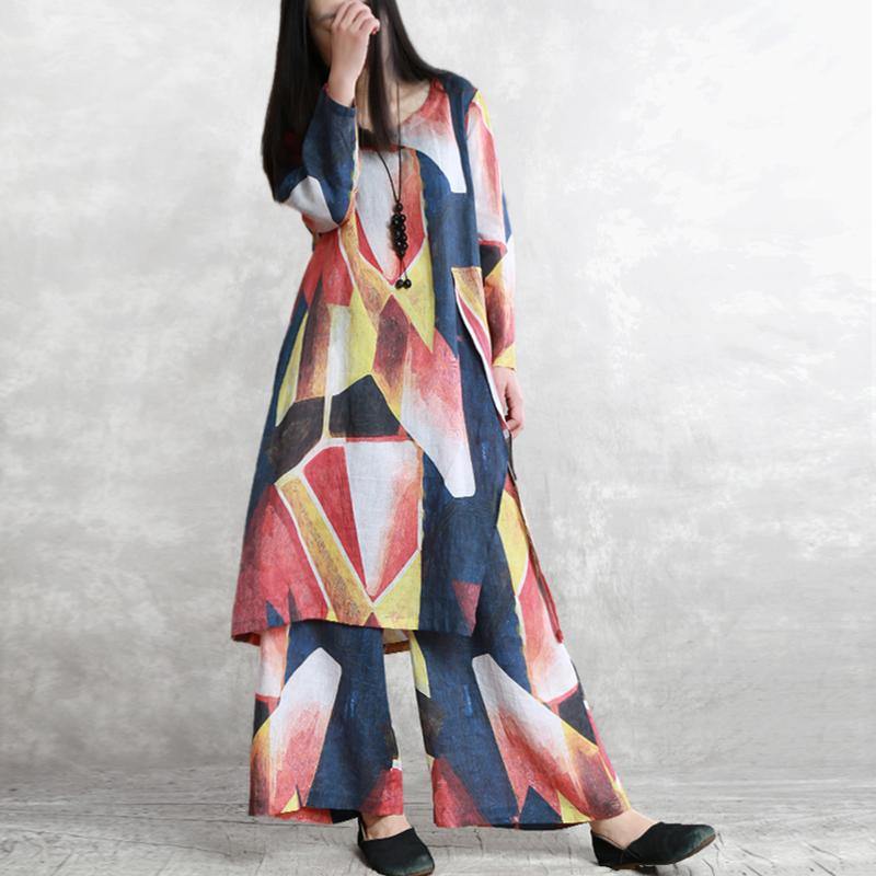 Modern two pieces linen side open prints clothes and casual wide leg pants - Omychic