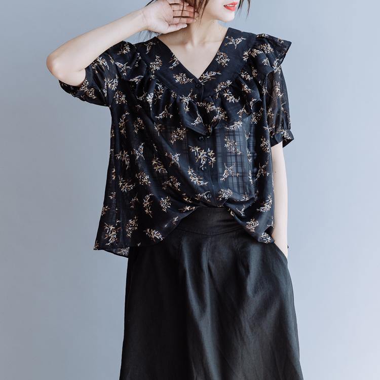 Modern v neck Ruffles chiffon tops women blouses black print baggy summer - Omychic