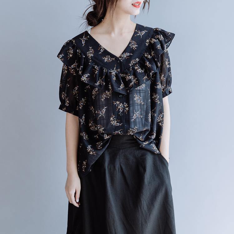 Modern v neck Ruffles chiffon tops women blouses black print baggy summer - Omychic