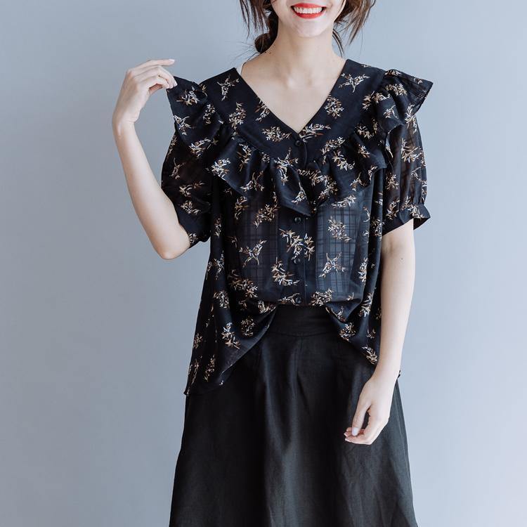 Modern v neck Ruffles chiffon tops women blouses black print baggy summer - Omychic