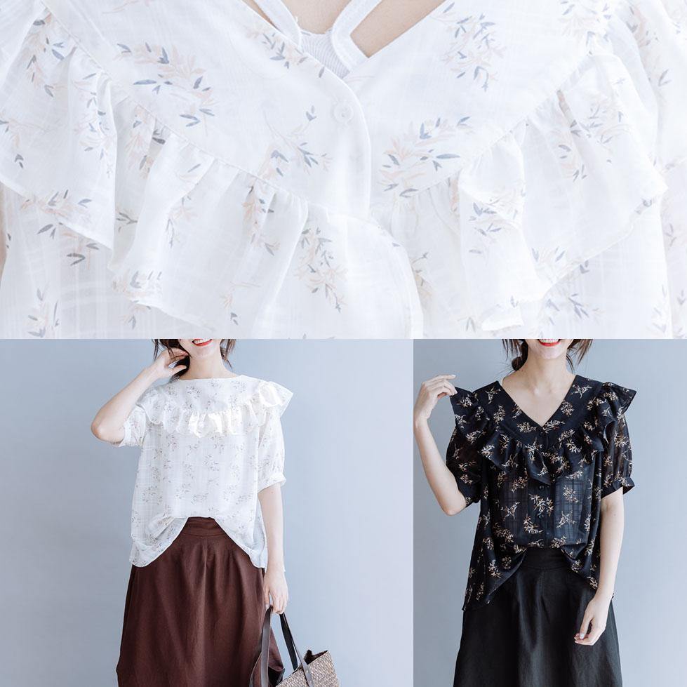 Modern v neck Ruffles chiffon tops women blouses black print baggy summer - Omychic