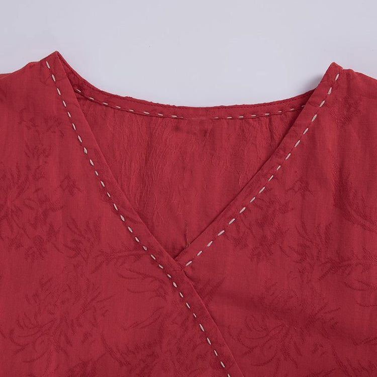 Modern v neck cotton linen outfit Sleeve red Dress autumn - Omychic
