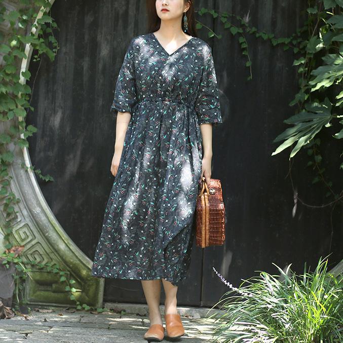 Modern v neck half sleeve linen Robes Fitted Fabrics blackish green print Maxi Dresses Summer - Omychic