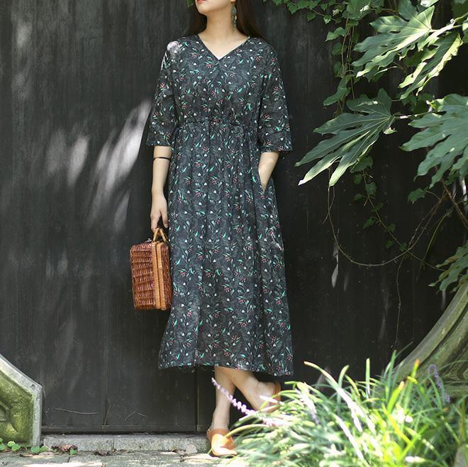 Modern v neck half sleeve linen Robes Fitted Fabrics blackish green print Maxi Dresses Summer - Omychic