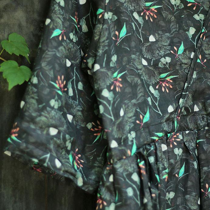 Modern v neck half sleeve linen Robes Fitted Fabrics blackish green print Maxi Dresses Summer - Omychic