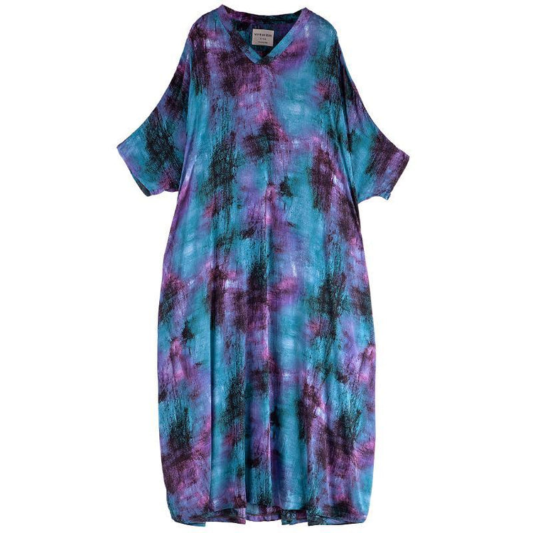Modern V Neck Half Sleeve Summer Quilting Dresses Pattern Blue Print Vestidos De Lino Dress ( Limited Stock) - Omychic