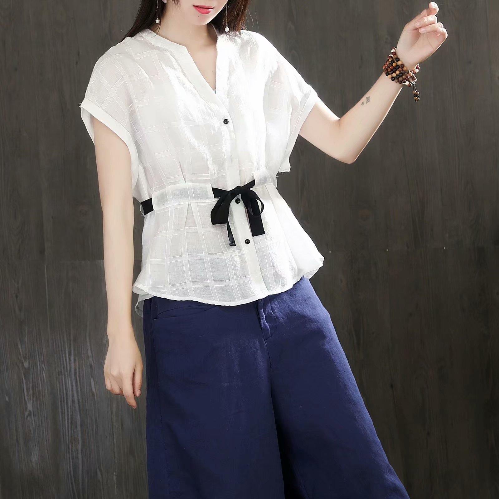 Modern v neck linen cotton tunic top white Plus Size Clothing blouses summer - Omychic