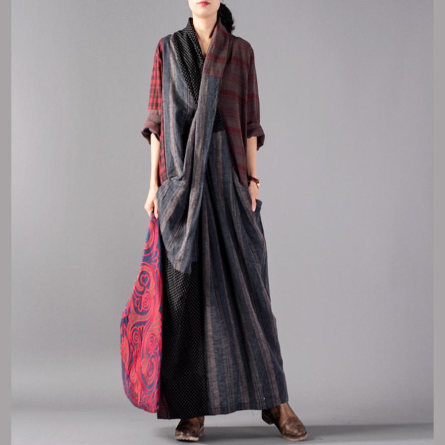 Modern v neck patchwork cotton dresses Women Photography multicolor Maxi Dresses spring - Omychic