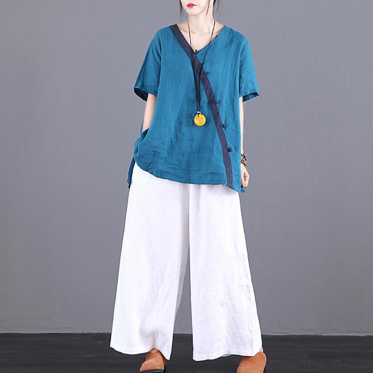 Modern v neck patchwork linen shirts Shape blue tops summer - Omychic
