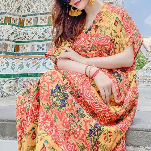 Modern v neck pockets summer quilting dresses design floral Kaftan Dress - Omychic