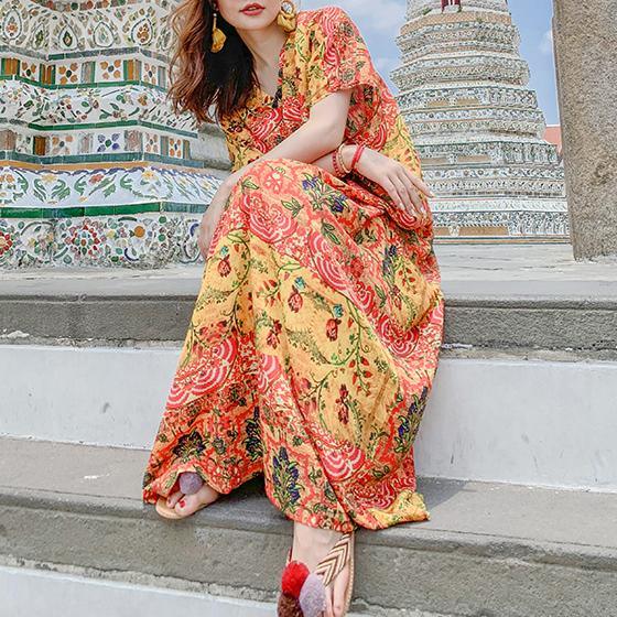 Modern v neck pockets summer quilting dresses design floral Kaftan Dress - Omychic