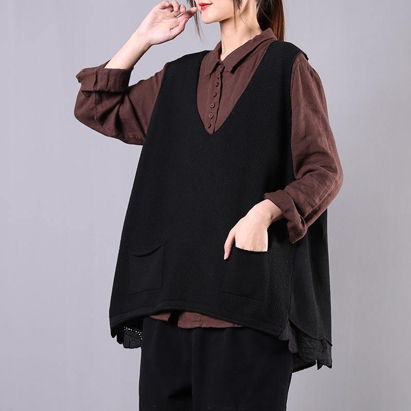 Modern v neck sleeveless cotton spring clothes For Women black tops - Omychic