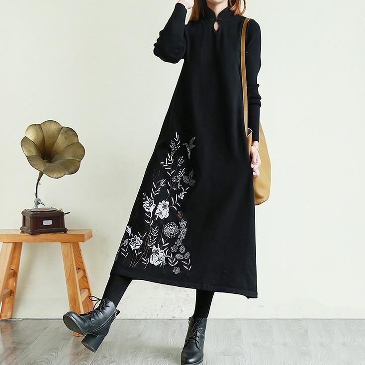 Modern winter cotton stand collar clothes Women Fabrics black Robe Dress - Omychic