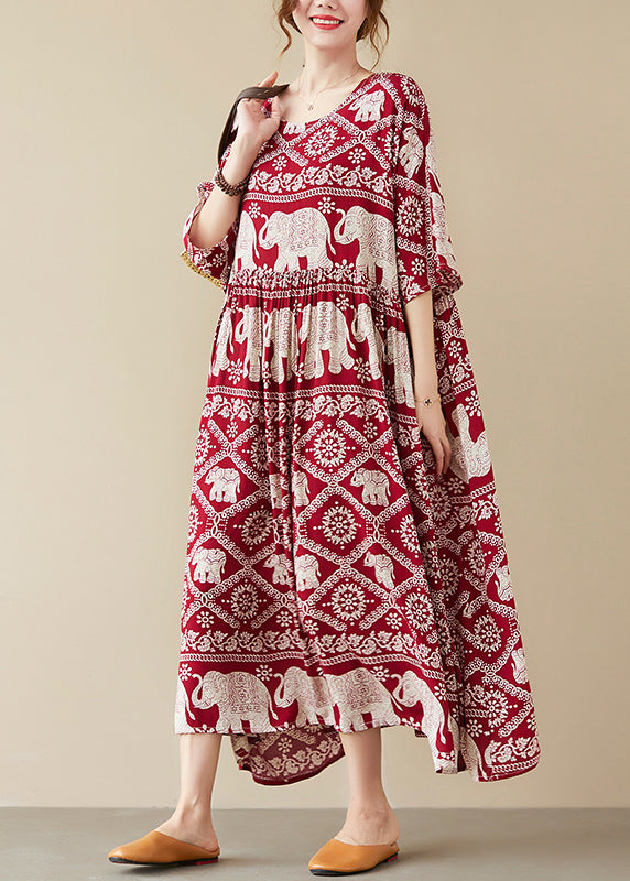 Mulberry Elephant Print Chiffon Long Dress wrinkled Half Sleeve