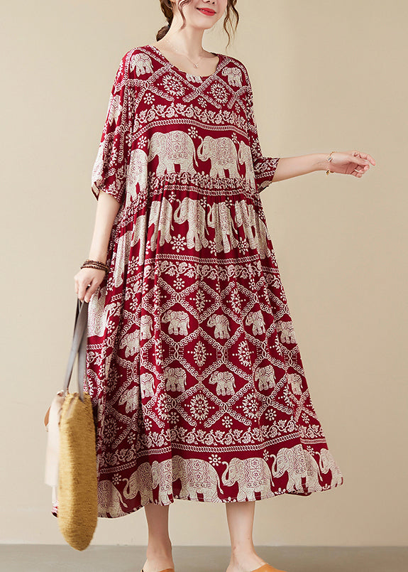 Mulberry Elephant Print Chiffon Long Dress wrinkled Half Sleeve