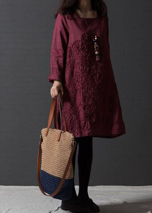 Mulberry Linen A Line Dresses O-Neck Embroideried Spring