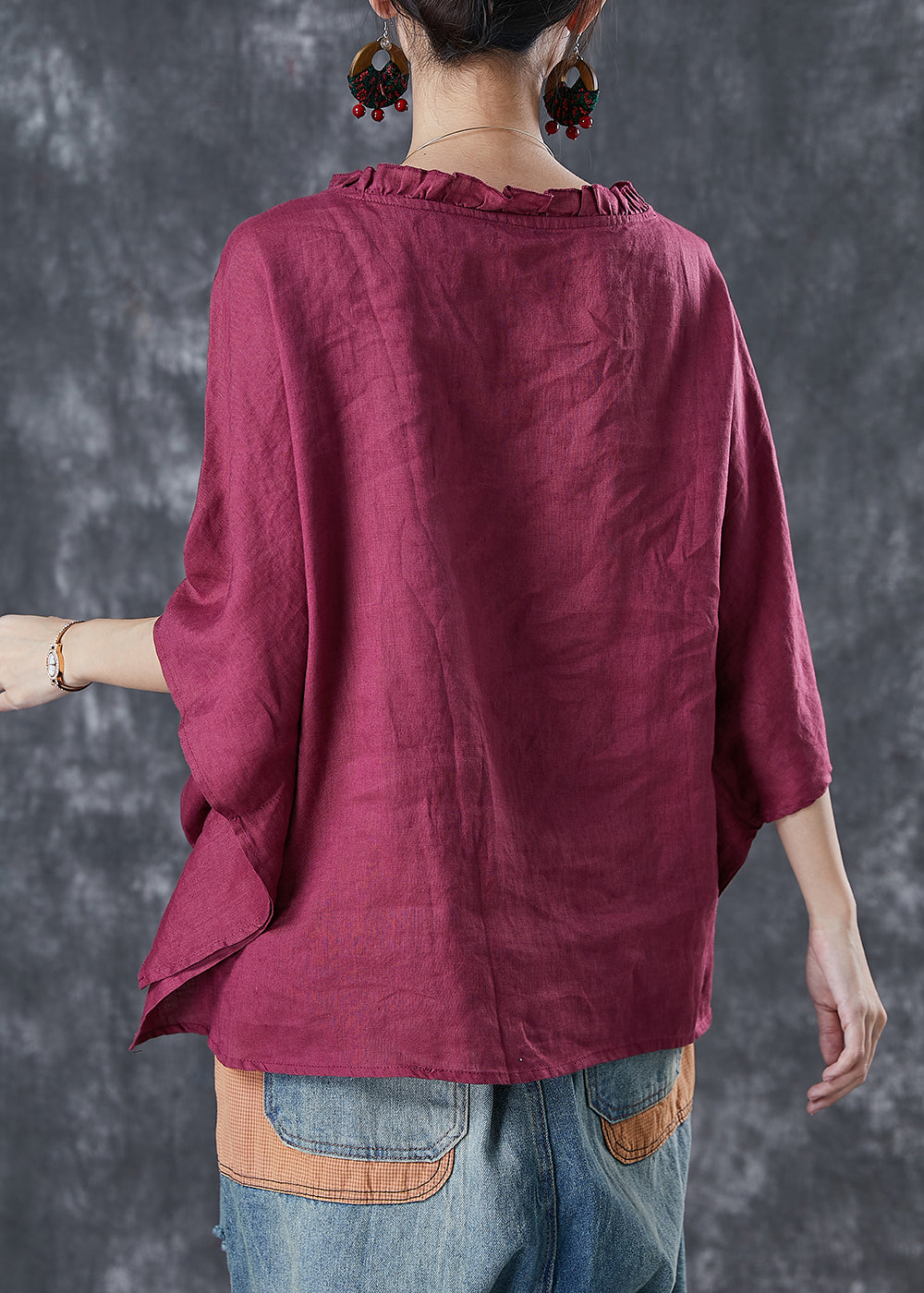 Mulberry Loose Linen Shirt Top Ruffled Batwing Sleeve