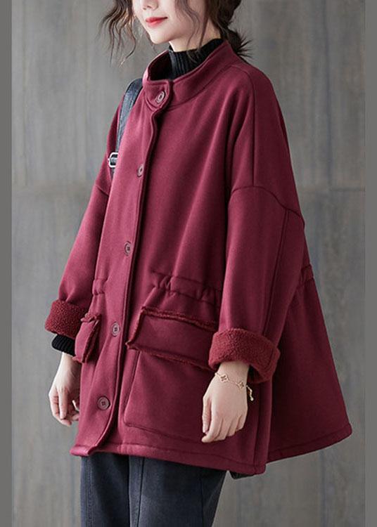 Mulberry Loose Pockets Button Fall Sweatshirt Coat - Omychic