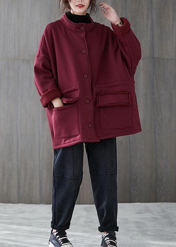 Mulberry Loose Pockets Button Fall Sweatshirt Coat - Omychic